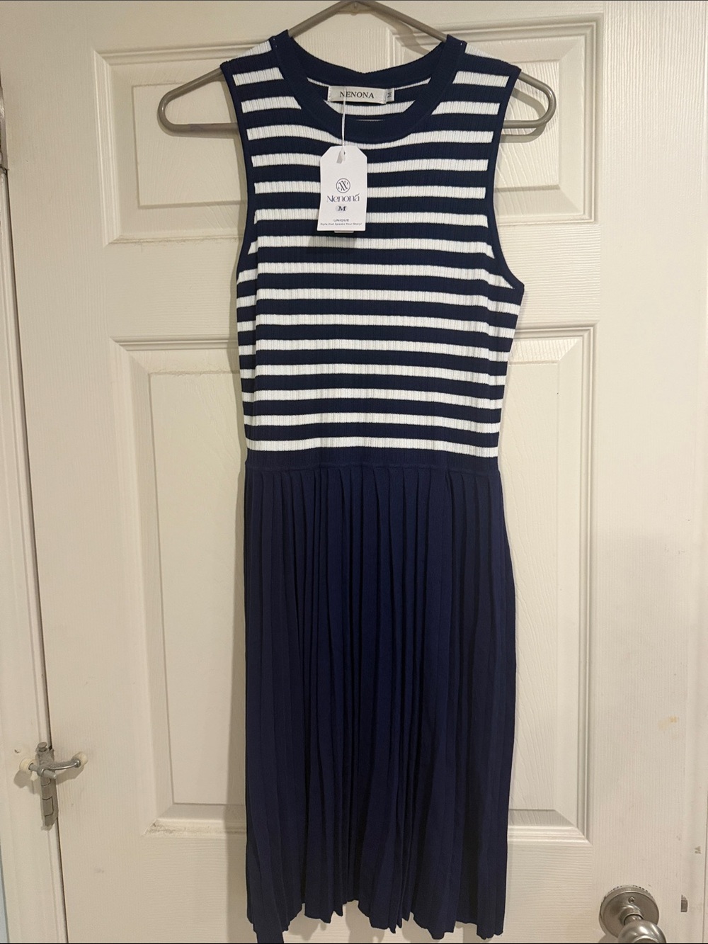 NWT' Navy and White Stripe Pleated sweater material Dress